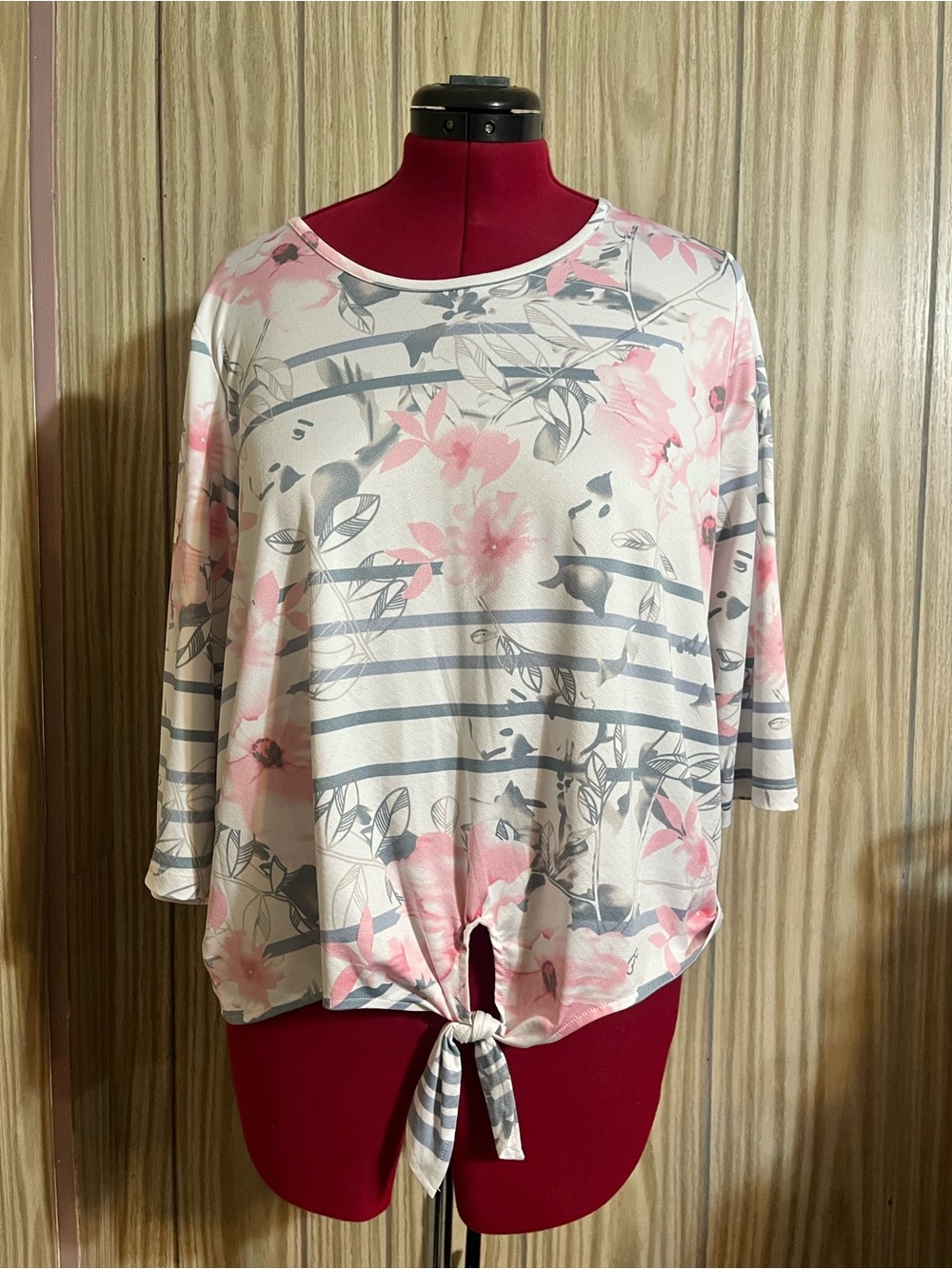 Floral Stripe Tie-Front blouse Top - Pink & blue